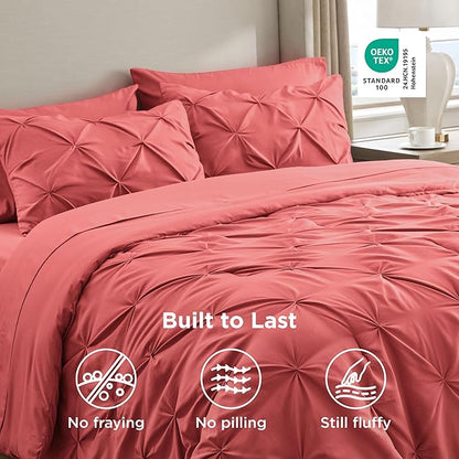 Bedsure Twin Comforter Set Coral Red - Bed in a Bag Twin Size Bedding 5 Pieces, GentleSoft™ Pintuck Bed Set Gift for Family, Pinch Pleat Coral Red Comforter with Sheets, Pillowcase & Sham