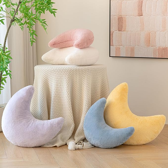 Moon Pillow, Decorative Throw Pillows with Soft Faux Rabbit for Bed Couch, Moon Shaped Pillows Plush Floor Cushions Room Decor Pillow for Sofa Bedroom Living Room