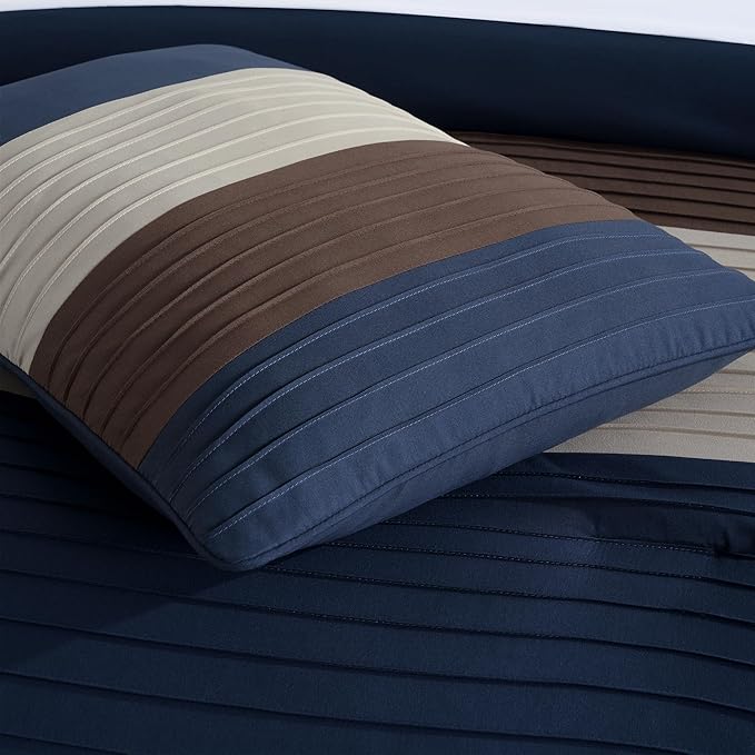 Chezmoi Collection Briar 7-Piece California King Bed in a Bag - All Season Lightweight Microfiber Comforter Set - Includes Sheets & Shams - Midnight Blue/Brown/Coffee Pleated Stripe Design