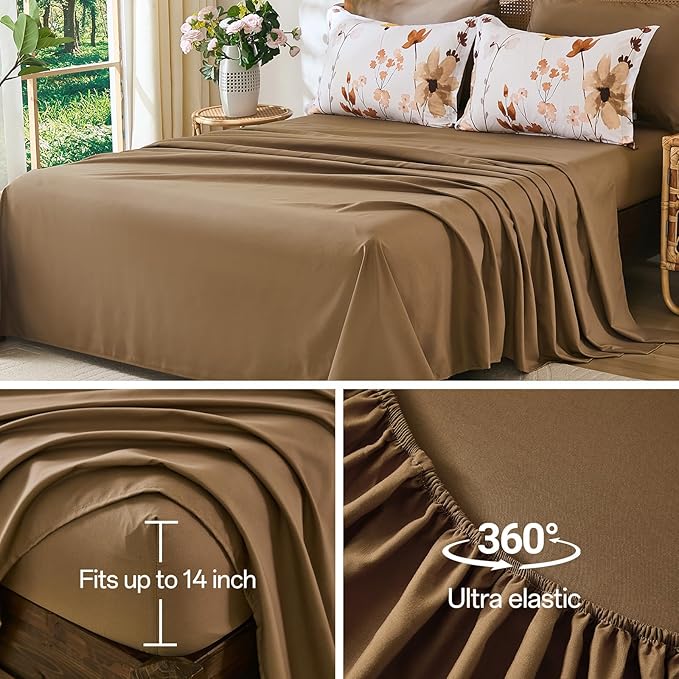 Anibedding 8Pieces King Size Comforter Set, Khaki Watercolor Floral Queen Size Bed in a Bag Comforter Set with Pillowcase, Sheets for All Season