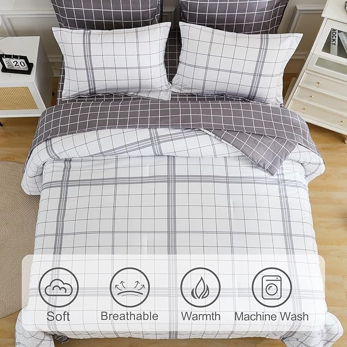 EMME King Comforter Set-7 Pieces Bed in a Bag Plaid Bedding Sets with Black White Comforter,Sheets, Pillowcases and Shams,Soft Microfiber Down Alternative for All Season
