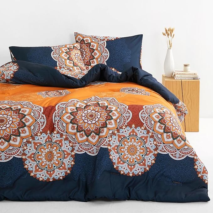Wake In Cloud - Bohemian Comforter Set, Boho Chic Ornate Floral Elements Pattern Printed for Men Women, Soft Lightweight Bedding, 3 Pieces, Orange Navy, Queen Size