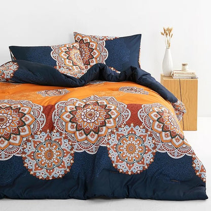 Wake In Cloud - Bohemian Comforter Set, Boho Chic Ornate Floral Elements Pattern Printed for Men Women, Soft Lightweight Bedding, 3 Pieces, Orange Navy, Queen Size