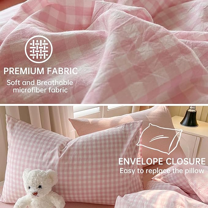 BOLINLIVING Gingham Twin Comforter Set Kids, Soft Breathable Bed in a Bag Twin Size 2 Pieces, Pink White Checkered Plaid Bedding Set for All Season, 1 Comforter & 1 Pillowcase