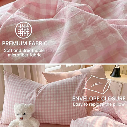 BOLINLIVING Gingham Twin Comforter Set Kids, Soft Breathable Bed in a Bag Twin Size 2 Pieces, Pink White Checkered Plaid Bedding Set for All Season, 1 Comforter & 1 Pillowcase