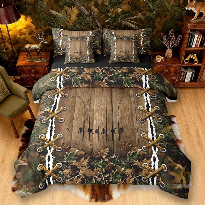 Camo Rustic Bed in a Bag King Size Comforter Set 7 Pieces | Fishing Rod Bedding Sets Mens Cabin Hunting Comforter and Sheet Set, Woodland Animals Farmhouse Bed Sets,Country Decor Camo Bed Set