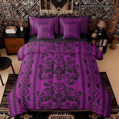 Comforter Set Twin Size, Purple Damask Aztec 7 Pcs Bedding for Kids and Adults, Antique Decor Western Baroque Gothic Bed Sheet Sets with Fitted Sheet 2 Pillowcases & 2 Shams for Bedroom Bed Decor