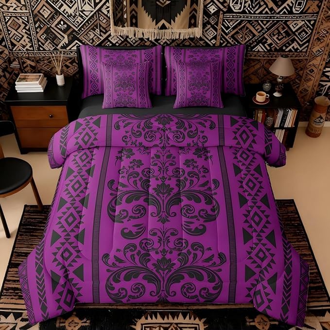 Comforter Set King Size, Purple Damask Aztec 7 Pcs Bedding for Kids and Adults, Antique Decor Western Baroque Gothic Bed Sheet Sets with Fitted Sheet 2 Pillowcases & 2 Shams for Bedroom Bed Decor