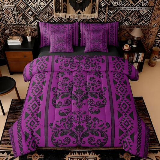 Comforter Set King Size, Purple Damask Aztec 7 Pcs Bedding for Kids and Adults, Antique Decor Western Baroque Gothic Bed Sheet Sets with Fitted Sheet 2 Pillowcases & 2 Shams for Bedroom Bed Decor
