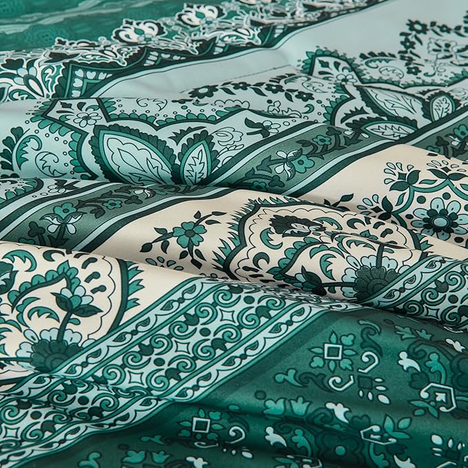 Cottolester Boho Comforter Set Queen Size,8 Pieces Teal Green Bohemian Striped Bed in a Bag,Paisley Soft Microfiber Bedding Comforter Set