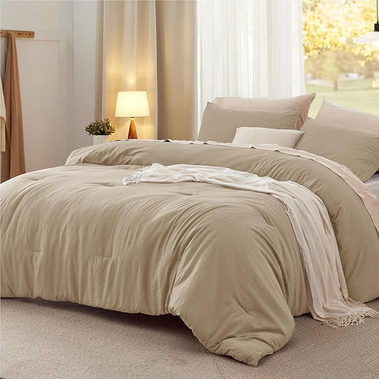 Bedsure Full Comforter Set, Khaki Soft Prewashed Bedding for All Seasons, 3 Pieces GentleSoft™ Bed Set, 1 Lightweight Comforter (82"x86") and 2 Pillowcases (20"x26")