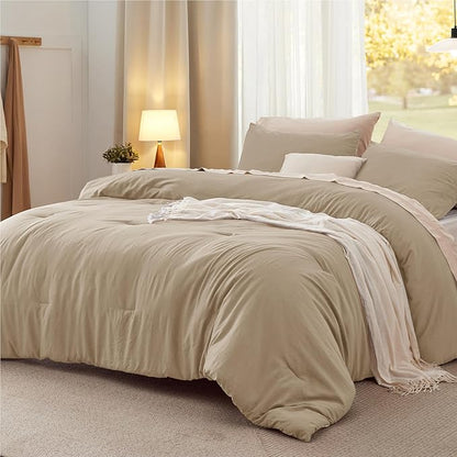 Bedsure Oversized Queen Comforter Set, Khaki Soft Prewashed Bedding for All Seasons, 3 Pieces GentleSoft™ Bed Set, 1 Lightweight Comforter (98"x98") and 2 Pillowcases (20"x26")