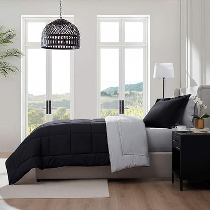 Nestl 5 Piece Twin Comforter Set – Black Reversible Bed in a Bag – Complete Twin Size Bedding Set with Sheets, Pillowcase and Sham