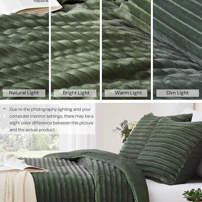 Geniospin Fleece King Size Comforter Set, Soft Fuzzy Fleece King Bedding Set, 3-Pieces Olive Green Comforter Set for All Season, Warm Fluffy Comforter with 2 Pillow Cases