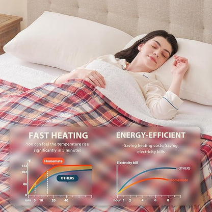 Homemate Electric Blanket Heated King Size - 100“x90“ Ultra Soft Cozy Flannel Heating Blanket with 10 Fast Heat Levels 8 Hours Auto Off Over-Heated Protection ETL Certification Keep Warm in Home