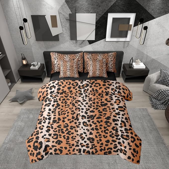 Erosebridal Cheetah Fur Print Ombre Brown Full Comforter Set 7 Pieces | Leopard Pattern Bed in A Bag for Bedroom Gradient Animal Skin Bedding Set with Comforters Women Men Adults Room Decor