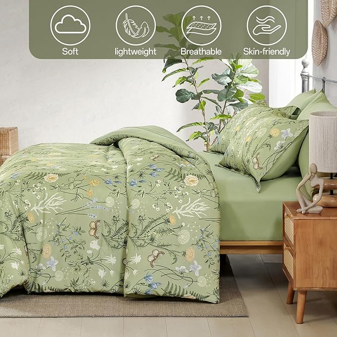 Yiran Sage Green Floral Comforter Set Queen Size, 7 Piece Botanical Comforter Bedding Set, Farmhouse Bed in a Bag, Soft Microfiber Complete Bedding Set with Sheets for All Season