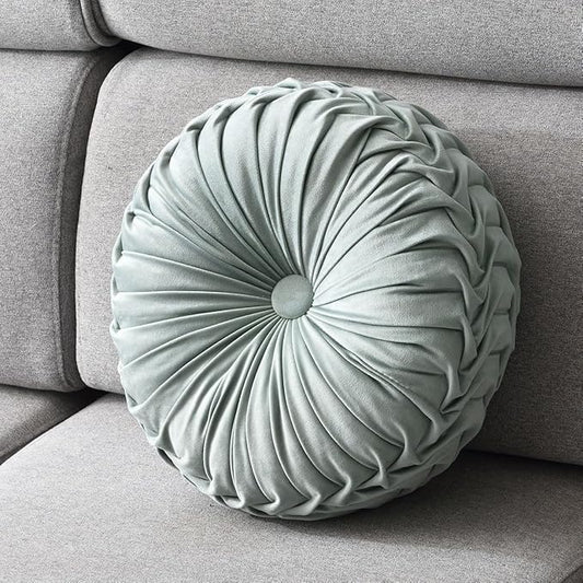 Round Throw Pillow Velvet 1 Pcs 14.17" Home Decoration Pleated 3D Pumpkin Pillow Cushion for Couch Chair Bed Car (Mint Green)