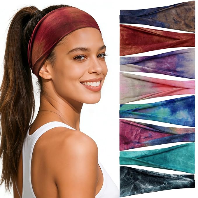 Headbands for Women, 8 Pack Non-Slip Moisture Wicking Sports Wide Head Bands, Stretchy Elastic Fabric, Multiple Colors Securing Hair for Fashion, Sports, Yoga, Running, Daily Life