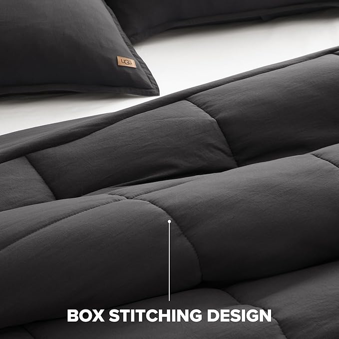 UGG Leonora Comforter Set with 2 Pillow Shams Lightweight Down Alternative Blanket Reversible Cozy Warm All Season Washable and Hypoallergenic Bedding Set, Full/Queen, Charcoal Grey