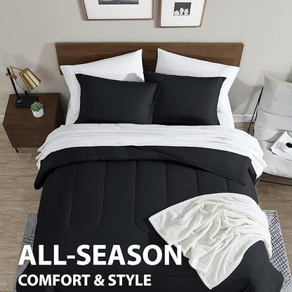 Cathay Home Basic Bedding Home Essential Ultra Soft Lightweight 8PC Wrinkle Resistant Microfiber Bed in a Bag Set (Includes Complete Sheet Set, Comforter Set & Bedskirt) - Full, Black