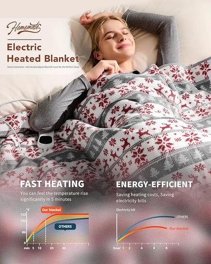 Homemate Electric Heated Blanket Twin Size - 62"x84" Heating Blanket Twin Size 1/2/4/6/8 Hours Auto-Off 10 Heat Level Over-Heat Protection Flannel Sherpa ETL Certification