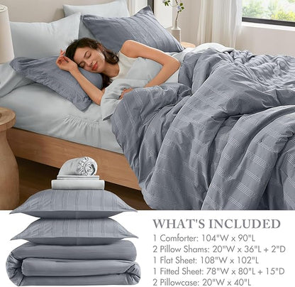 Madison Park Essentials Striped Comforter Set King, 7 Pieces Modern Minimalist Jacquard Bedding Set for All Season, Bed in A Bag with Sheet Set and Soft Brushed Reverse, Lightweight Blue/Grey