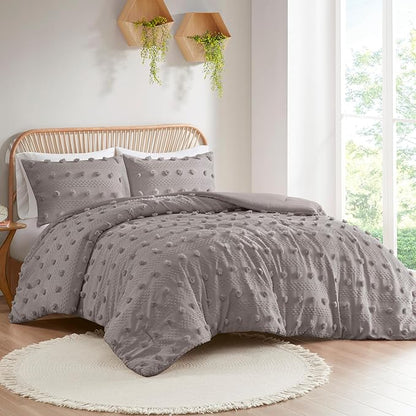 Intelligent Design Twin Duvet Cover Set, Clipped Jacquard Duvet Set Chic Pompoms Accent, All Seasons Lightweight Microfiber Bed Cover for Comforter with 1 Sham, Lucy, Twin/Twin XL Grey 2 Piece