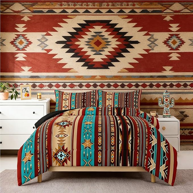 Erosebridal Aztec Bedding Set Full Geometric Comforter Set,Retro Vintage Indian Tribe Geometric Quilt Exotic Nordic Western Duvet Insert,Southwestern Native Bohemian Decor,Messy Red Brown Blue
