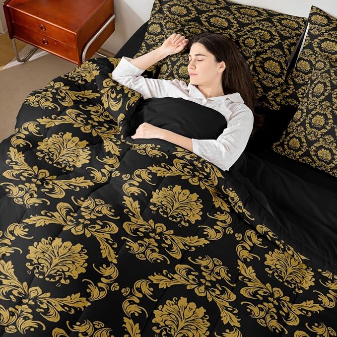 Erosebridal Black and Gold Damask 7-Piece Comforter Set Full Bed in a Bag | Victorian Decor Gothic Vintage Floral Bedding Sets Baroque Goth Comforter and Sheet Set, Luxury Bohemian Room Decor
