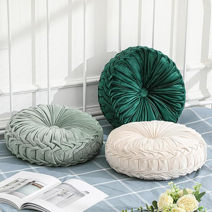 3 Pcs Round Throw Pillows Decorative Velvet Pleated Throw Pillows 15'' Diameter Accent Pumpkin Boho Chair Cushion for Couch Sofa Chair Bed Home Decoration (White,Light Green,Green)