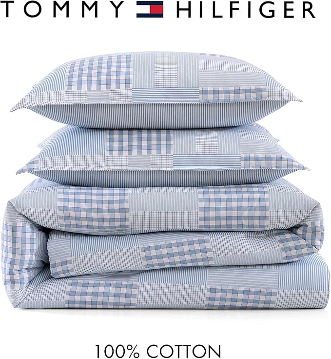Tommy Hilfiger - Full/Queen Comforter Set, Cotton Textured Bedding with Matching Shams, Medium Weight Bed Set, Oeko-TEX Certified (Hamptons Patchwork Blue)