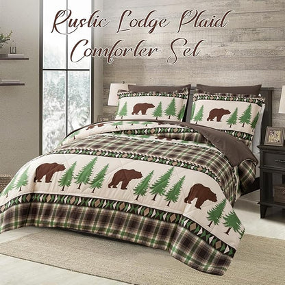 Comforter Set Queen Size Rustic Bear Comforter Bedding-7 Piece Bed in a Bag, Soft Fluffy Reversible Microfiber Bedding Set(1 Comforter,1 Flat Sheet,1 Fitted Sheet,2 Pillowcases,2 Pillow Shams),Green