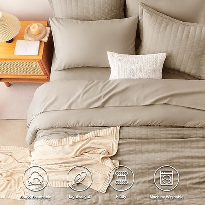 CozyLux Queen Comforter Set Taupe Seersucker 7 Pieces Bed in a Bag Queen Comforter Set with Sheets, Luxury Soft Bedding Set with Down Alternative Comforter, Sheets, Pillowcases & Shams for All Seasons