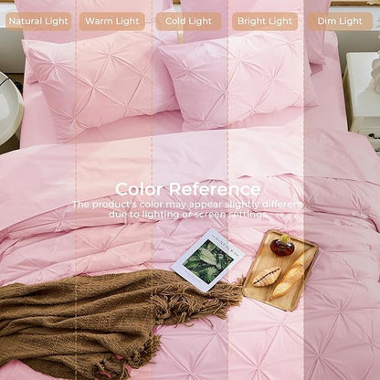 Sasttie Twin Comforter Set, 5-Piece Bed in a Bag, Pintuck Bedding Sets for All Season, Includes Comforter, Flat Sheet, Fitted Sheet, Pillowcase and Pillowsham, Baby Pink