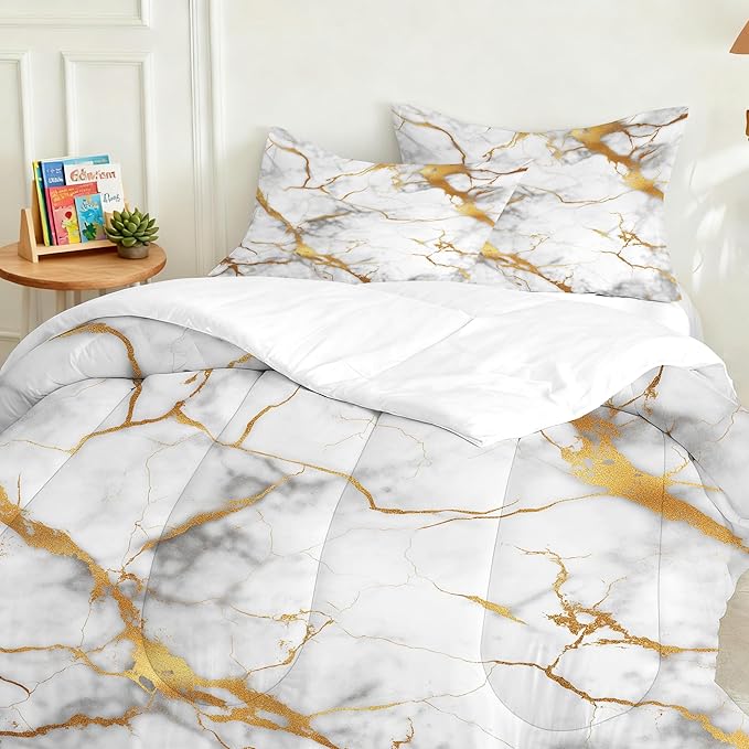 White Gold Marble Comforter Set King Size Luxury Metallic Marbling Bedding Set Grey White Gold Metallic Marbled Bed Set Glitter Golden Stripes Quilt Set with 1 Comforter + 2 Pillow Cases