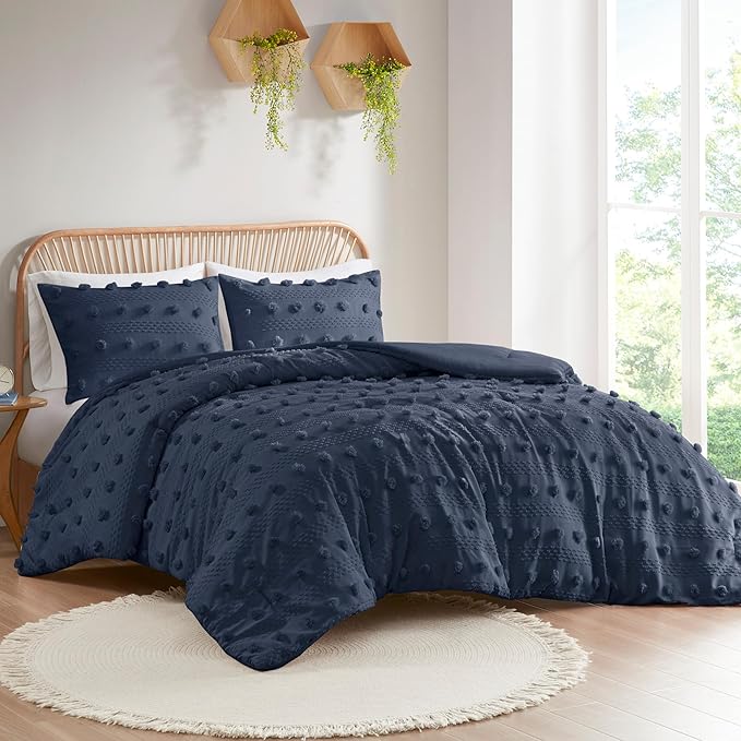 Intelligent Design Queen Duvet Cover Set, Clipped Jacquard Duvet Set Chic Pompoms Accent, All Seasons Lightweight Microfiber Bed Cover for Comforter with 2 Shams, Lucy, Full/Queen Navy 3 Piece
