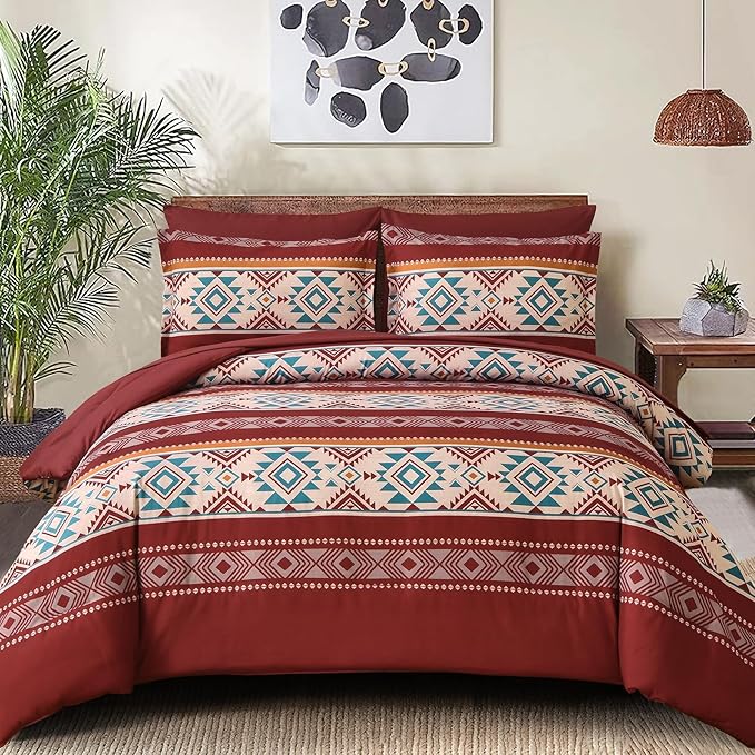 Anibedding Red Comforter Set Queen 7 Pieces Boho Bed in a Bag, Burgundy Aztec Striped Comforter Set with Sheets, Soft Microfiber Reversible Western Bedding Set for All Season