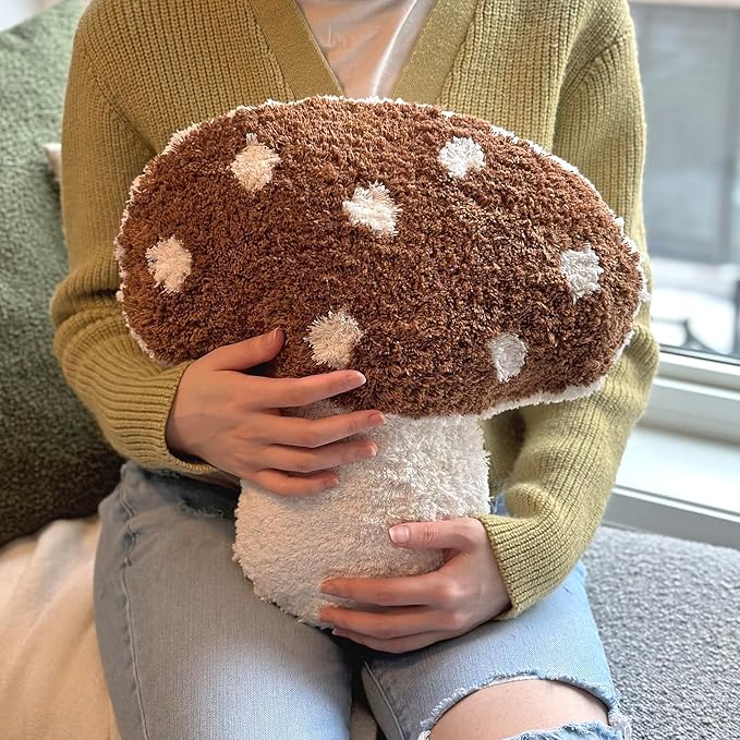 Mushroom Throw Pillow Tufted Shape Decorative Cushion 15” x 15” – Decor for Bed, Couch, Living Room (Brown)