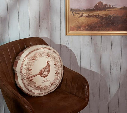 Primitives by Kathy Shaped Pillow - Pheasant, displaying a Round Shape and Vintage Pheasant Design Inspired by Old World décor
