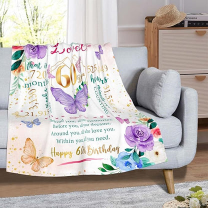 ZWERIVP 60th Birthday Gifts for Women, 60th Women Birthday Gift Ideas, 1965 Bday Present for Woman, 60 Year Old Woman Mom Sister Bday Present, Happy 60yr Female Bday Decorations Throw Blanket 50"X60"