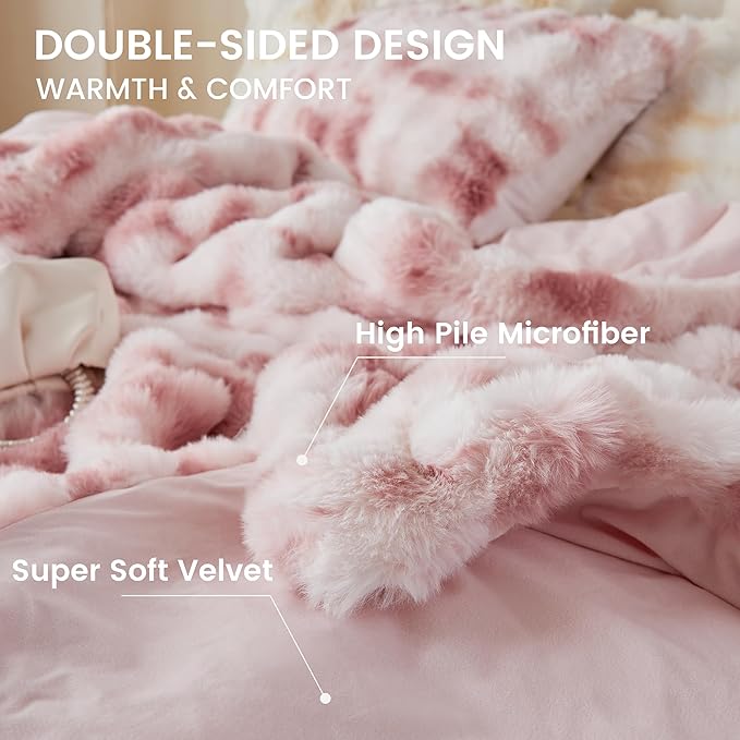 Simple&Opulence Fluffy Faux Fur Comforter Set, Plush Fuzzy Minky Bedding Set, 3 Pieces Warm Soft Comforter Bedding Set for Winter - 1 Shaggy Comforter with 2 Pillow Shams(Queen, Pink)