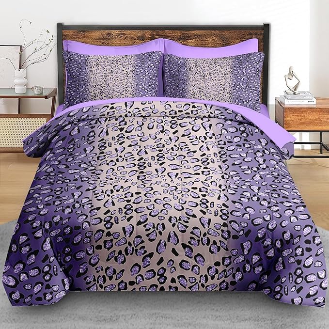Comforter Set Twin Size, Leopard Colorful Plain Purple 5 Pcs Bedding for Kids and Adults, Gold Geometric Tiger Bed Sheet Sets with Fitted Sheet Pillowcase & Sham for Bedroom Bed Decor