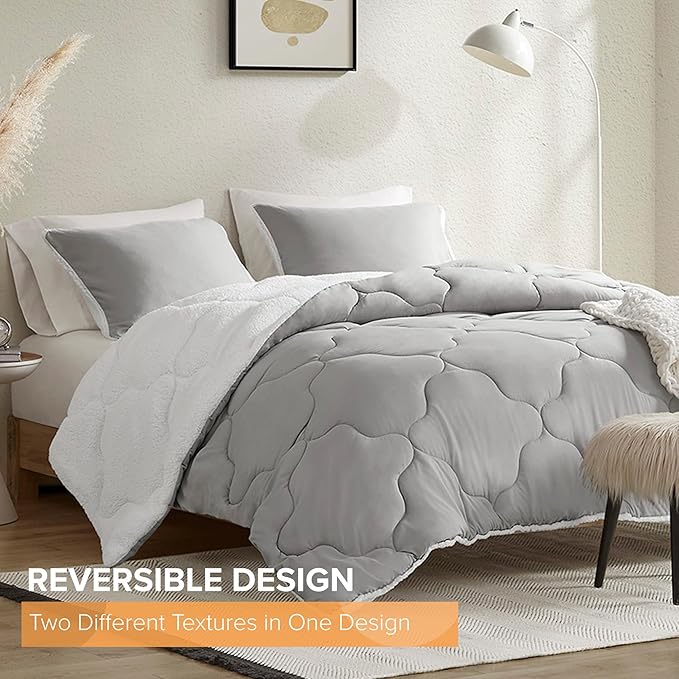 Comfort Spaces Comforter Set, Chic Reversible Quatrefoil Quilting, Sherpa Comforters Queen, All Seasons, Lightweight Microfiber Bedding Set Matching Sham, Vixie, Full/Queen Grey/White 3 Piece