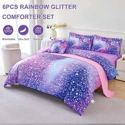 PERFEMET Full Size Bedding Sets for Girls, 6-Piece Colorful Rainbow Comforter Set with Sheets, Tie Dye Fluffy Kids Bed-in-a-Bag, Glitter Ombre Teen Girl Bed Sets (Purple Pink, Full)