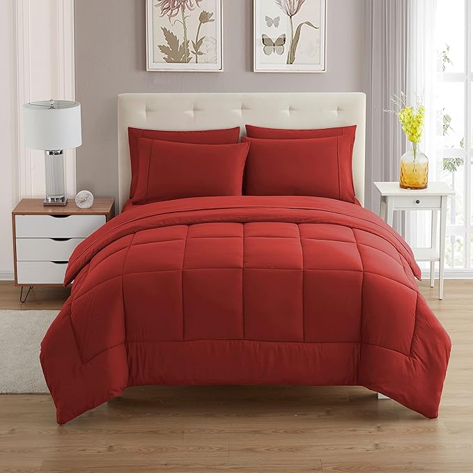 King Size Comforter Set with Sheets - 7-Piece Bedding Collection - 1 Comforter, 1 Fitted Sheet, 1 Flat, 4 Pillowcases - Deep Pocket - Soft & Breathable Premium Quality - Ideal for All Seasons, Red