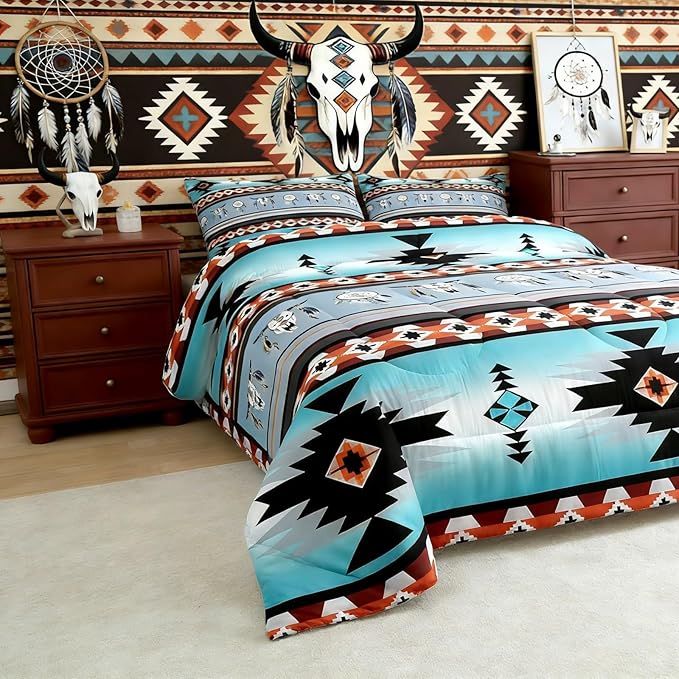 Erosebridal Western Boho Duvet Insert Twin,Cow Dream Catcher Comforter Set Southwestern Bedding Set,Ethnic Tribe Arrow Aztec Bed Quilt Retro Vintage Exotic Longhorn Skull Bohemian Decor Green