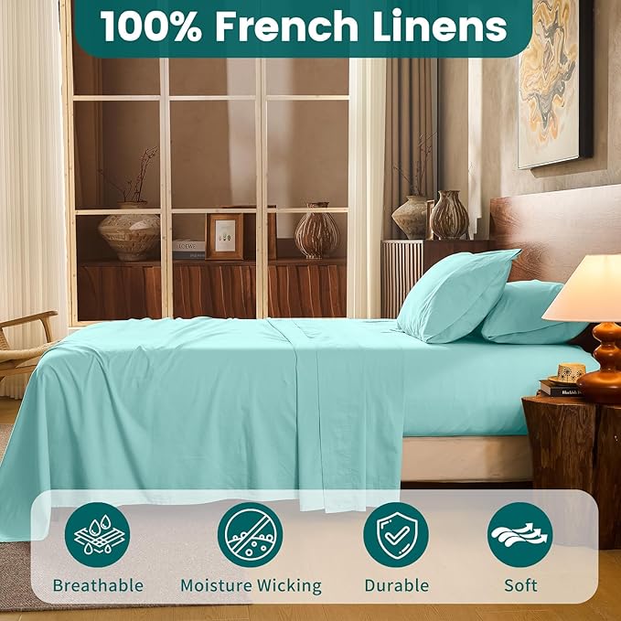 100% Linen Sheets Queen Size,Breathable & Durable 4-Piece Bed Flax Sheet Set,Soft All-Season Bedding for Hot Sleepers 16" Deep Pocket Oeko-TEX Certified,（Queen, Light Blue）