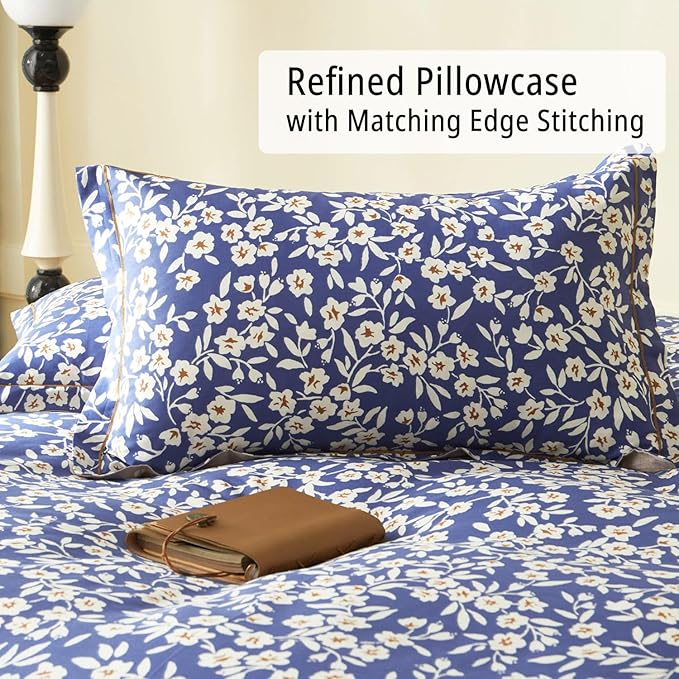 Navy Floral Cotton Comforter Queen Size 3PC - Elegant White Flowers Pattern on Blue，Taupe Back, Lightweight Bedding Sets with Ultra-Soft Alternative Fill, (1 Comforter, 2 Pillowshams)