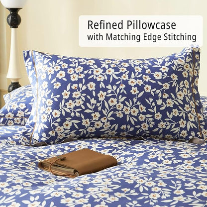 Navy Floral Cotton Comforter Queen Size 3PC - Elegant White Flowers Pattern on Blue，Taupe Back, Lightweight Bedding Sets with Ultra-Soft Alternative Fill, (1 Comforter, 2 Pillowshams)